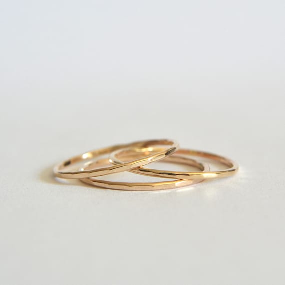 Set of Three 14k Gold Filled or 14k Solid Gold Stacking Rings, Hand  Hammered Bands, Perfect Midi Rings, Thin and Dainty Textured Ring Set