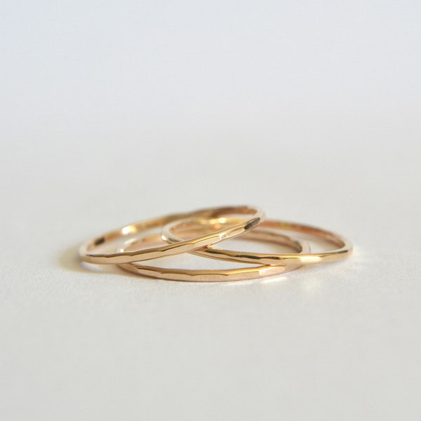 Set of Three 14k Gold Filled or 14k Solid Gold Stacking Rings, Hand Hammered Bands, Perfect Midi Rings, Thin and Dainty Textured Ring Set