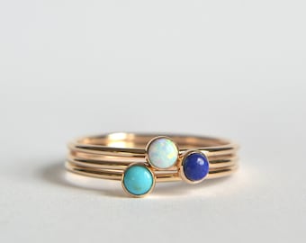 Set Of Three Rings Natural Turquoise, Lapis Lazuli, White Iridescent Opal, Boho Hippie Jewelry, Simple And Minimal, Dainty Stacking Rings