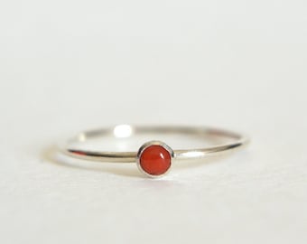 Sterling Silver Coral Ring, Natural Stone Stacking Ring, Summer Jewelry, Sterling Silver Gemstone Ring, Minimalist and Dainty Stacking Ring