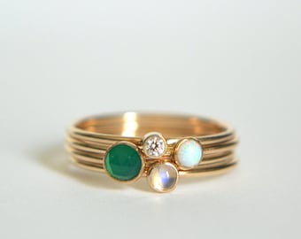 Set Four Green Onyx Gold Filled Rings, Gold Opal Ring, Opal Ring Gold, Gold Moonstone Ring, Gold CZ Ring, Stacking Ring, Stackable Ring