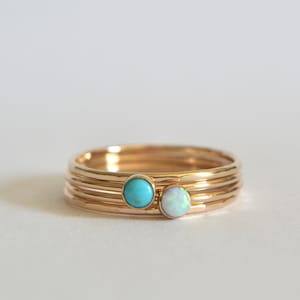 Set of Four 14k Gold Filled or 14k Solid Gold Rings, Turquoise and White Opal Rings, Hammered Textured Bands, Stacking Rings, Boho Jewelry