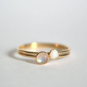 14k Solid Gold Set of Two Moonstone Rings, 14k Gold Moonstone Ring, 14k Gold Opal Ring, Dainty Ring, Stackable Ring, Stacking Ring