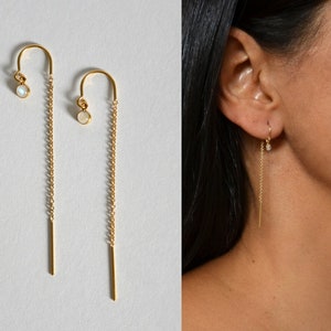 Moonstone Earrings, Gold Earring Threader, Gold Ear Threader, Threader Earrings, Ear Threader Earrings, Chain Earrings, Chain Ear Threader