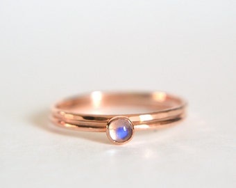 Set of Two 14k Solid ROSE Gold Moonstone Ring, Rose Gold Moonstone Ring, Moonstone Ring Rose Gold, Pink Gold Hammered, Stacking Ring