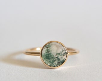 14k Solid Gold Natural Moss Agate Gemstone Ring, Engagement Ring, Moss Agate Wedding Ring, Genuine Moss Agate Ring, Minimalist Jewelry