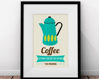 Retro Kitchen Art  Kitchen Art  Printable  Cathrineholm  Mid Century Modern Art  Coffee Quote  Coffee Pot Art, Coffee Art, 1950s Art