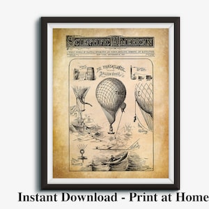 Hot Air Balloon Steampunk Airship Transatlantic Balloon Voyage Airship Poster Vintage Industrial Print Retro Prints Printable Art image 1