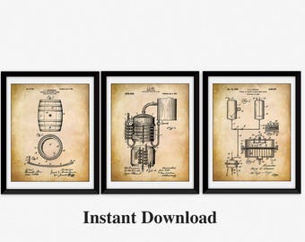 Bourbon Print  Whiskey Gift for Him  Bar Prints  Bar Decor  Set of 3  Patent Print  Whiskey Barrel, Bourbon Art, Printable Art, Pub Decor