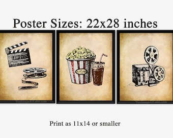 Filmaffischer Stora tryck Hollywood-väggkonst Vintage-stil Filmaffischtryck Set med 3 Hemmabiodekoration, Popcorn Storlek 22x28