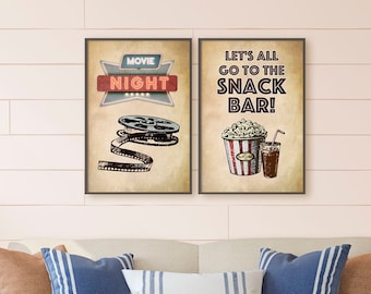 Movie Night Media Room Set of 2, Snack Bar, Old Drive-In Movies, Vintage Theater Decor, Illustrated Film Art, Movie Themed Gift