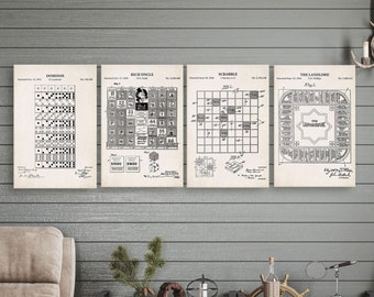 Jeux de société rétro, décoration murale de salle de jeux, décoration de sous-sol, décoration de jeu de société, lot de 4 brevets de jeu vintage, décoration murale de galerie, vol. 2