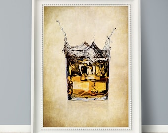 Bar Decor Print, Bourbon Wall Art,  Whiskey Kitchen Wall Art, Bar Cart Decor, Whiskey Glass Liquor Print, Retro Style Man Cave Drink Print