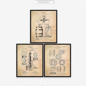 Bar decor print set van 3, thuisbar decor, vintage drank patent prints, whisky patent print, biervat, echtgenoot cadeau, kelder bar kunst
