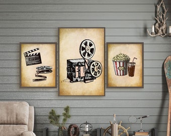 Home Theater Decor Vintage Media Room Movie Wall Art Home Movie Room Print  Set of 3 With Popcorn Cinema MULTIPLE SIZES 