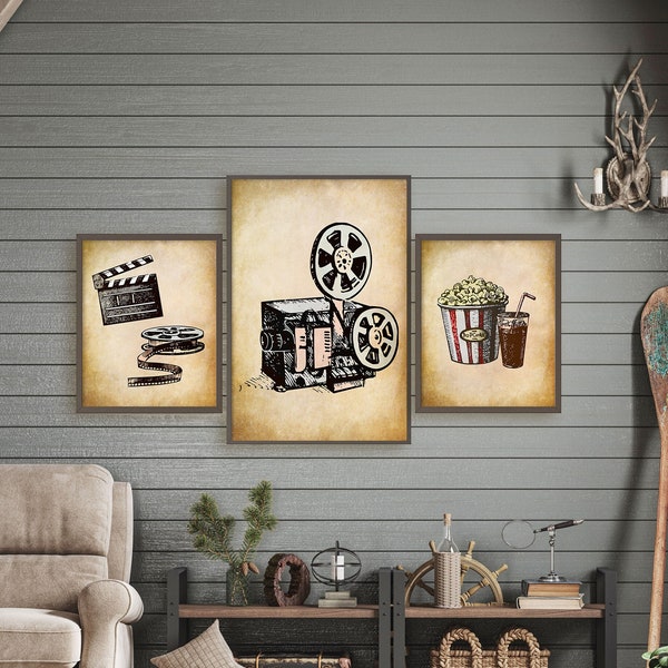 Home Theater Decor Vintage Media Room Movie Wall Art Home Movie Room Print Set of 3 with Popcorn Cinema  MULTIPLE SIZES