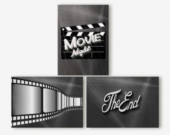 Home Theater Wall Art Set of 3, Black & White Cinema Prints, Media Room Decor, Movie Night Poster Set, Film Strip Art, Printable Home Cinema