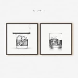 Minimalist Whiskey Bar Deco, Sketched Whisky Glass, Basement Bar Wall Art  Home Office Decor, Cigar Image, Bar Cart Prints, Square Art
