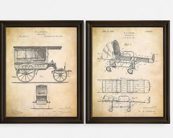 Vintage Ambulance Patent Print Set – Emergency Medical Wall Art – EMT Gift – 1889 & 1929 Ambulance Decor – Printable Medical Poster