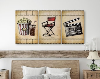 Filmkonsttryck, Väggkonst för mediarum, Hemmabiodekor, Tryckset med 3, Popcorn, Filmklapp, Bio, Regissörsstol