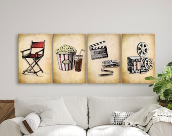 Juego de 4 impresiones de arte de pared para cine, decoración de cine, regalo para amantes del cine, impresiones de películas para pared, impresiones de películas para una noche familiar.