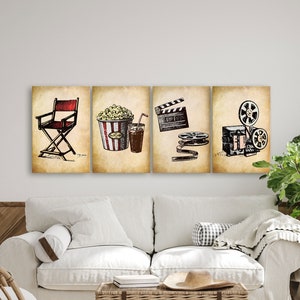 Puede incluir: Un conjunto de cuatro ilustraciones de estilo vintage que representan imágenes con temática de cine. Las ilustraciones están impresas sobre un fondo beige texturizado. Las imágenes incluyen una silla de director, un cubo de palomitas de maíz, una claqueta y un proyector de películas.