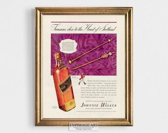 Vintage whiskyadvertentie, Johnnie Walker-bardecor, whisky-advertentiepagina jaren 1930, retro bar-decor, digitale vintage alcoholadvertentie, whiskyprint,
