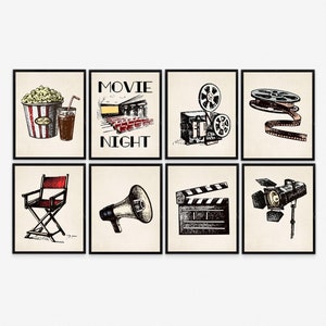 Movie Room Decor, Set of 8, Illustrated Movie Theme Wall Art, Home Theater, Media Room, Movie Decor, Home Theater Printable, Movie Night