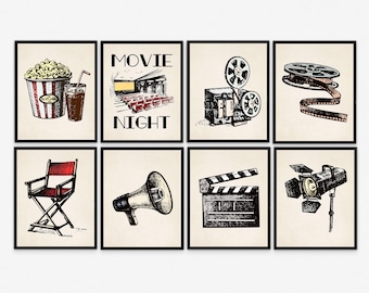 Decoración de sala de cine, juego de 8, arte mural ilustrado con temática cinematográfica, cine en casa, sala multimedia, decoración de cine, imprimible para cine en casa, noche de cine
