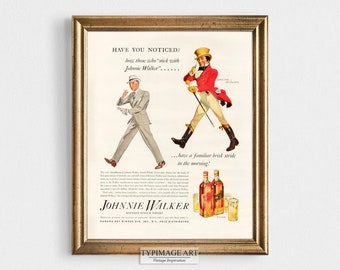 Johnnie Walker Vintage Whiskey Ad Page, Bar Decor, Digital Vintage Alcohol Ad, Whisky Print, Retro Whiskey Art Print, Gift for Dad