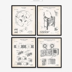 Vintage Movie Theater Patent Prints – Film Reel, Seat & Projector, Classic Cinema Decor, Retro Home Theater Printable Art – Set of 4
