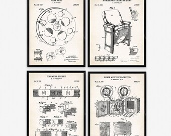 Stampe di brevetti di cinema d'epoca - Bobina di pellicola, sedile e proiettore, decorazioni cinematografiche classiche, stampe artistiche per home theater retrò - Set di 4