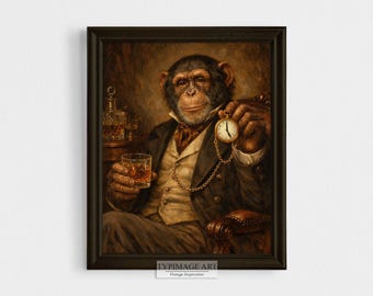 Chimpanzé buvant du whisky, portrait de style peinture vintage, art de cuisine animalier de style victorien, montre de poche