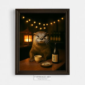 カワウソの酒飲みバーアートプリント – 気まぐれな動物の壁飾り – ホームバー、キッチン、ダイニングルームにぴったりの面白いカワウソのプリント