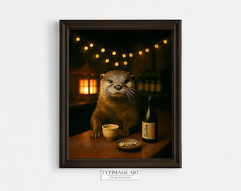 ビールを飲む面白いカワウソのプリント：AIホームバーアート（デジタル