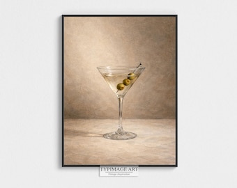 Impression d'art nature morte martini, impression murale de bar à cocktails, décoration de cuisine élégante et neutre, chariot de bar style peinture imprimable