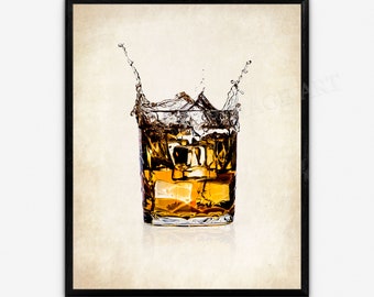 Whiskey Gift Wall Art, Bourbon Party Decor, Whiskey Glass, Home Bar Cart, Whiskey Art Print, Vintage Style, ISO, Multiple Sizes Included