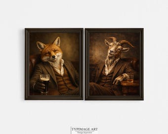 Pub Wall Art, Fox and Goat Drinking, Animal Portraits, Bar Wall Art Set of 2,  Whiskey and Stout Bar Decor