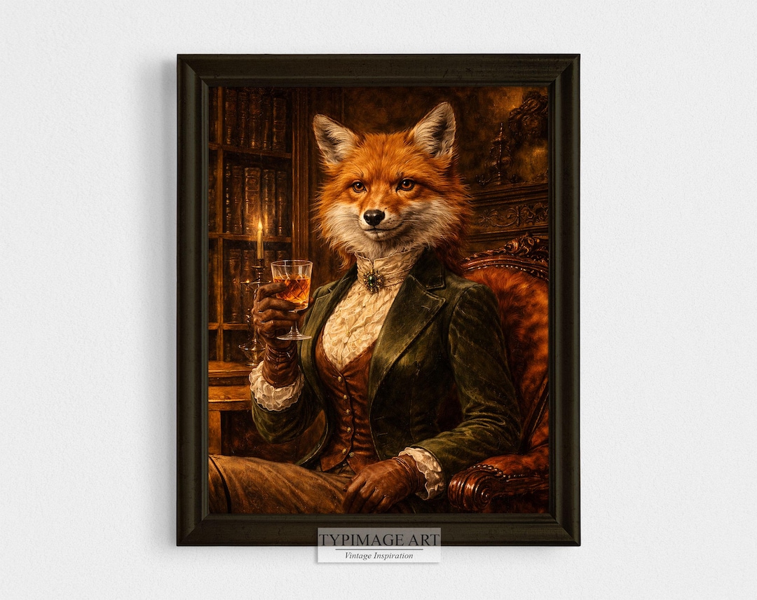 Lady Fox With Cocktail Wall Art, Animal Portrait, Gift for Her ...