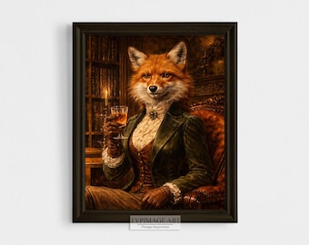 Lady Fox avec cocktail art mural, portrait animalier, cadeau pour elle, décoration de chariot de bar animal victorien, art classique