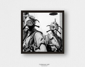 Steampunk Decor, Vintage Photography, 1943 Steel Working Women, Gas Mask Apocalyptic Art, War Effort WWII, Downloadable Print, Square Art,