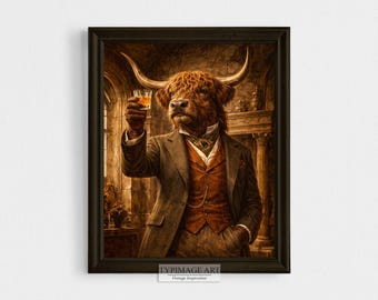 Vache des Highlands buvant du whisky, impression Dark Academia, cadeau déco masculin pour bar, style victorien de peinture à l'huile, décoration de taureau écossais