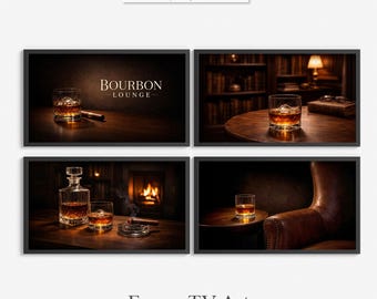 Ensemble d'oeuvres d'art pour téléviseur avec cadre de salon Bourbon - Écran de veille de bureau Moody - Cheminée et chaise en cuir Affichage numérique de la salle Bourbon