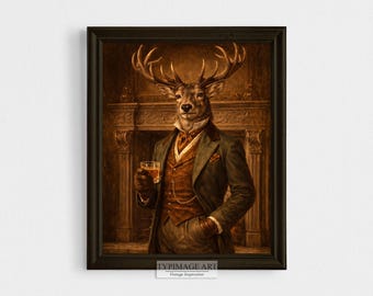 Portrait de cerf de style victorien avec whisky, peinture à l'huile de mauvaise humeur dans des tons chauds, art mural Académie sombre, art de bar à la maison