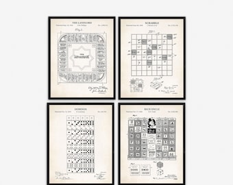 Retro Game Room Patents, Basement Decor, Board Game Art, Set of 4Vol. 2
