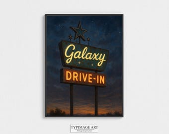 Art mural cinéma maison, art mural cinéma drive-in vintage, enseigne néon Galaxy Drive, décoration cinéma rétro, oeuvre d'art pour salle multimédia