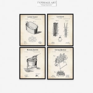 Set of 4 Vintage Laundry Patent Prints – Laundry Room Wall Art, Washing Machine, Clothes Wringer & Basket, Rustic Farmhouse Printable Decor