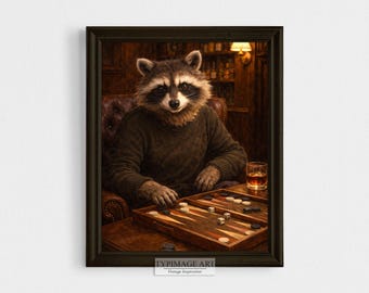 Art mural raton laveur jouant au backgammon, décoration de salle de jeux, portrait animalier, impression d'art bureau ou tanière, décoration de chariot de bar
