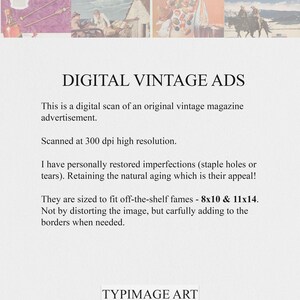 May include: Digital vintage magazine advertisement scan, restored and sized for 8x10 and 11x14 frames. The text reads "Digital Vintage Ads" and "Typimage Art, Vintage Inspiration".