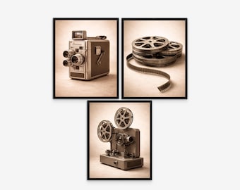 Lot de 3 oeuvres d'art murales cinéma vintage, impressions d'appareils photo projecteur sur bobines, décoration de film sépia, oeuvre d'art murale pour salle multimédia neutre, ensemble de cinéma maison